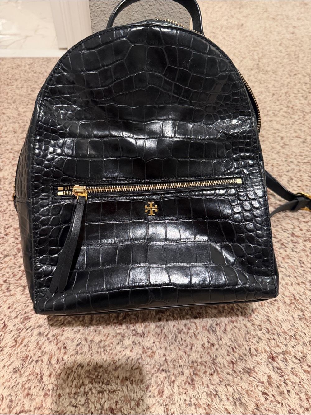 Tory Burch Black Croc-Embossed Backpack with Gold Hardware